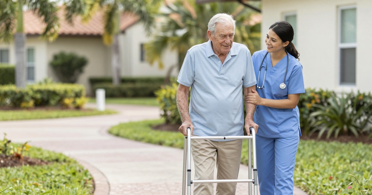Older adult walking with nurse support in a Florida assisted living courtyard after carotid stent TCAR recovery.