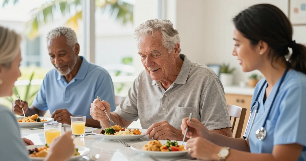 Caregiver helping an older adult with a soft-texture meal in Florida assisted living after dysphagia recovery.