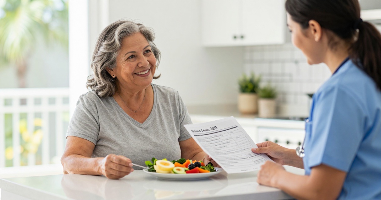 Older adult reviewing post-bariatric nutrition with a dietitian in Florida assisted living after gastric sleeve.
