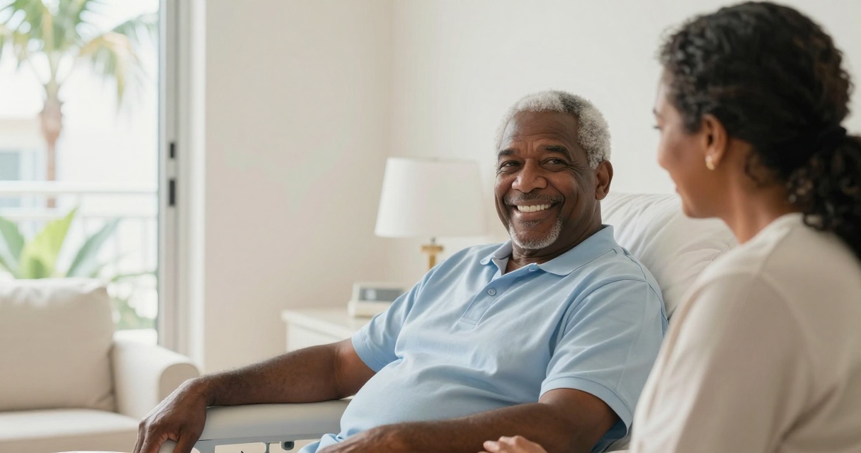Older man resting with family support in Florida assisted living after prostate brachytherapy hospital discharge.