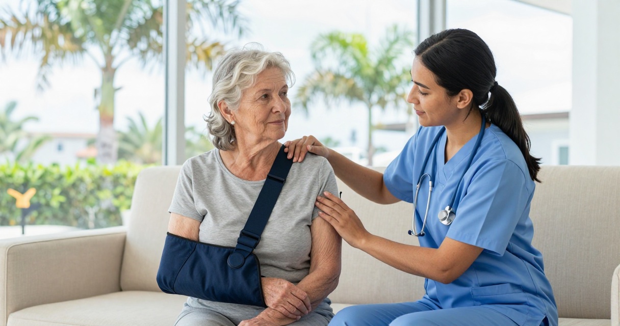 Older adult doing gentle shoulder physical therapy in a bright Florida assisted living community after rotator cuff surgery.